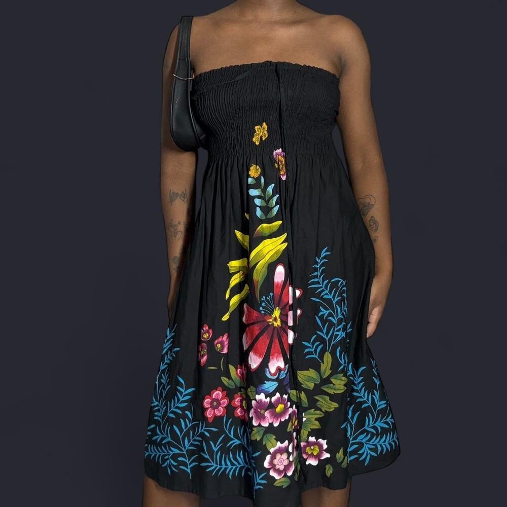 Black multicolor floral print tube top dress